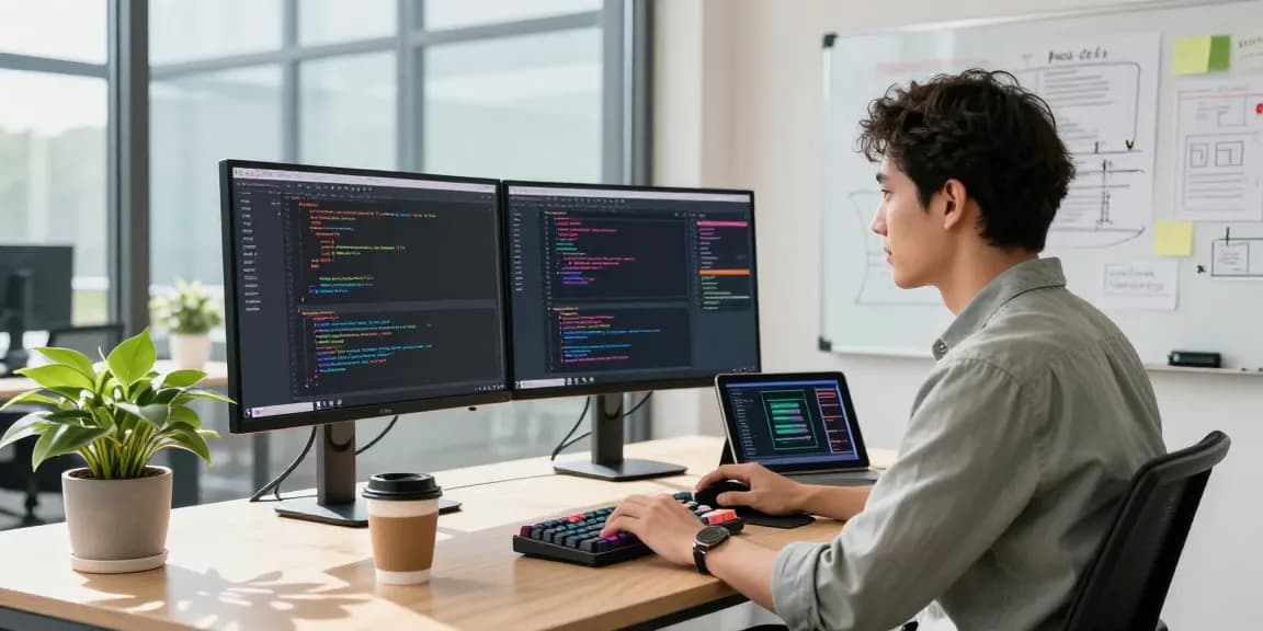 Developer in a modern office focused on coding, representing the WPS Official Website environment.