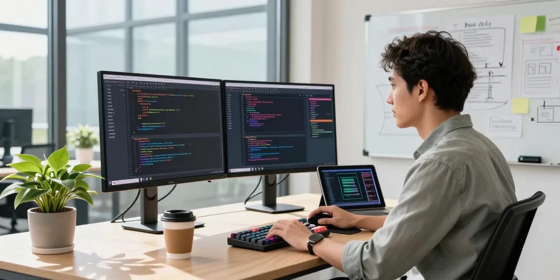 Developer in a modern office focused on coding, representing the WPS Official Website environment.