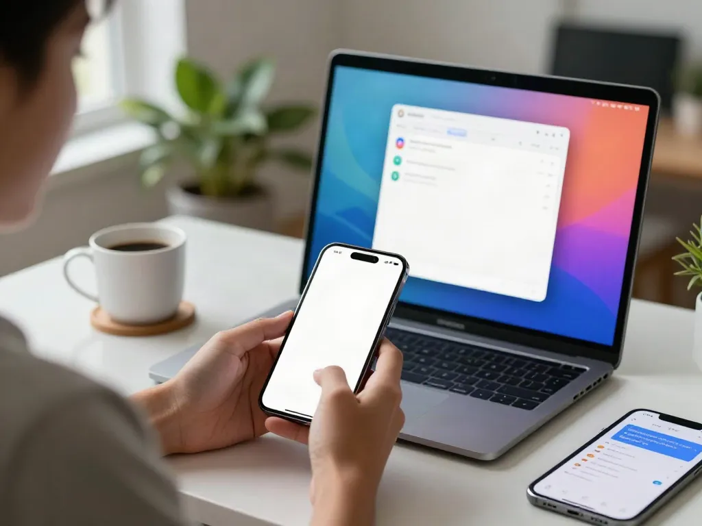 Engaging with whatsapp gb features on smartphone at a modern workspace.