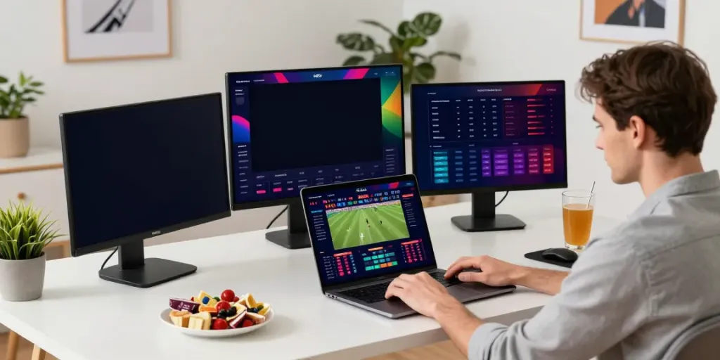 Engaged user at https://ku88v1.com/ placing sports bets in a modern home office.