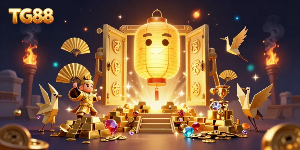 TG88's glowing lantern spirit and golden treasures illuminate a vibrant casino atmosphere.