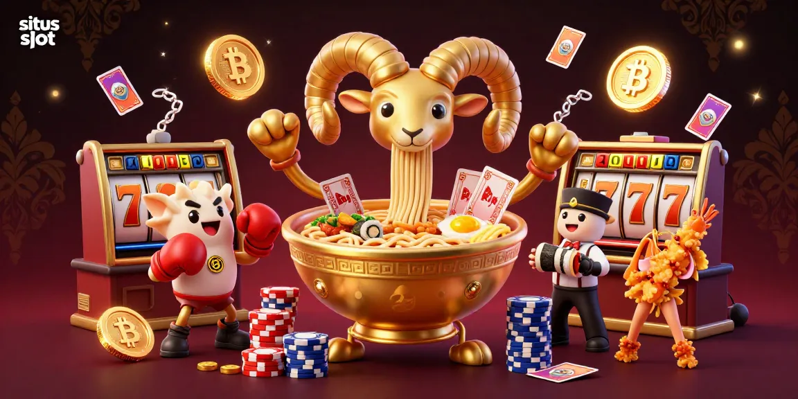 Situs slot yang penuh warna dengan karakter kartun 3D menarik sedang memainkan mesin slot dan menumpuk chip.
