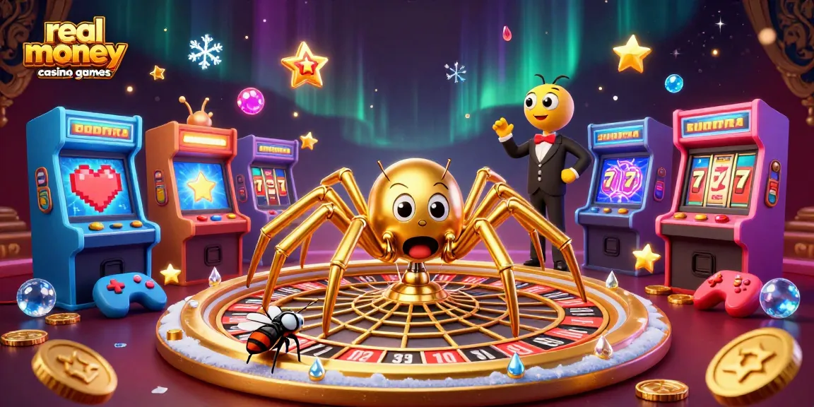 Engage in real money casino games with a golden spider and betting fly in a vibrant animated scene.
