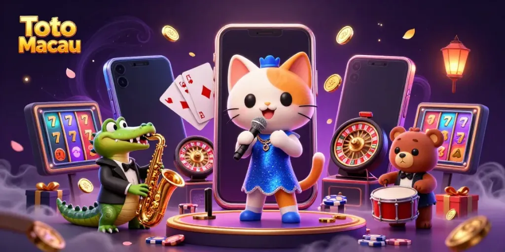 Permainan Toto Macau ditampilkan dalam ilustrasi 3D ceria dengan karakter unik di panggung kasino.