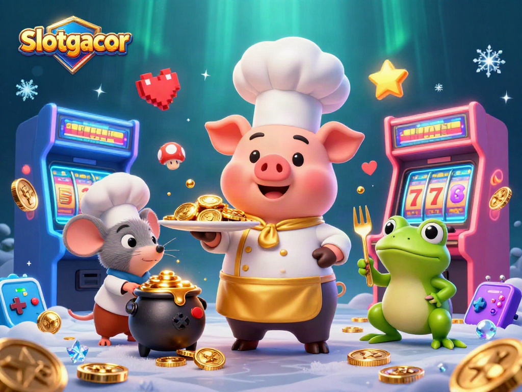 Play slotgacor games with our chef pig creating a gold coin feast at a vibrant casino.